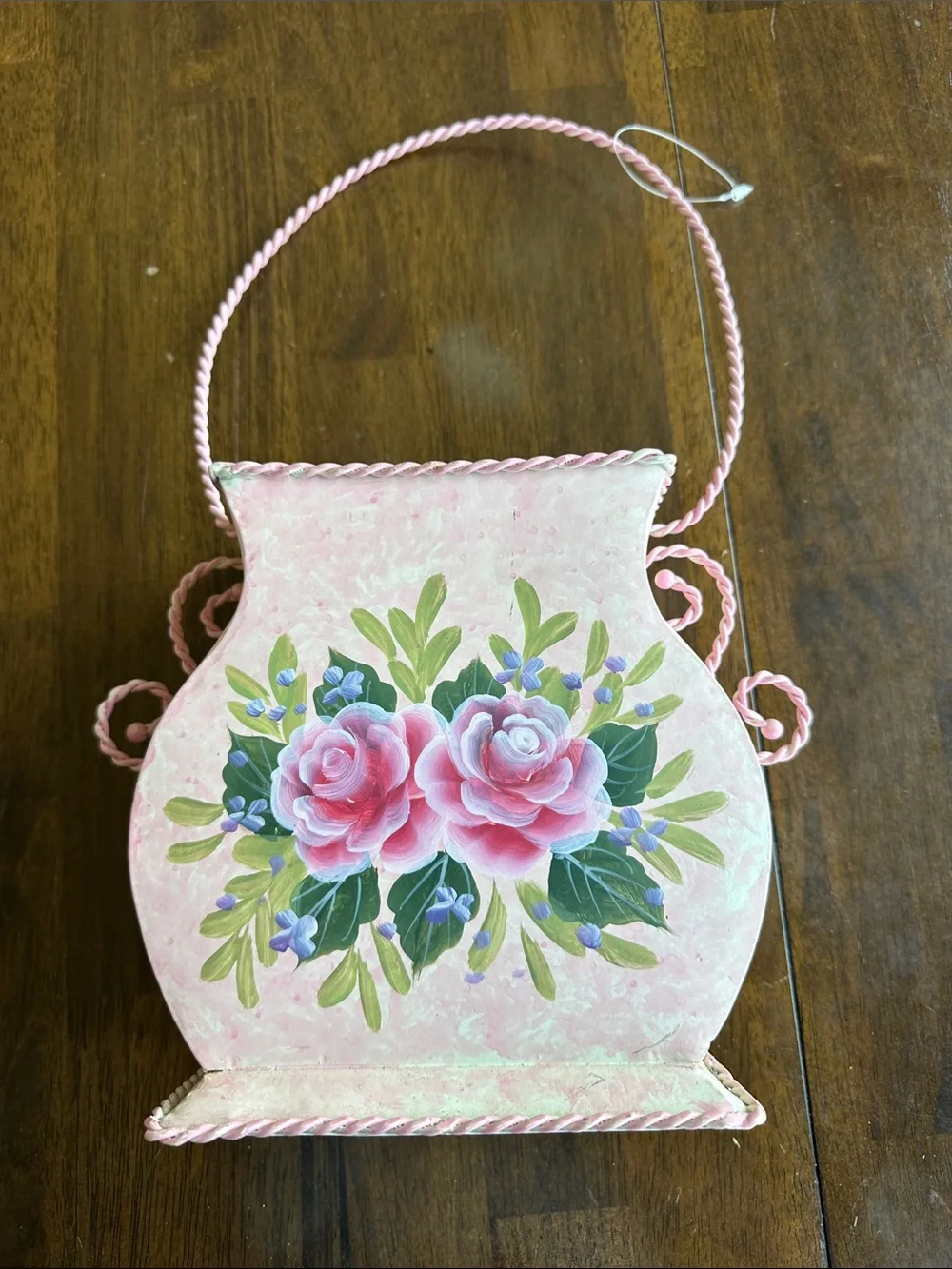 Pink Floral Hand-Painted Decorative Metal Vase Accent